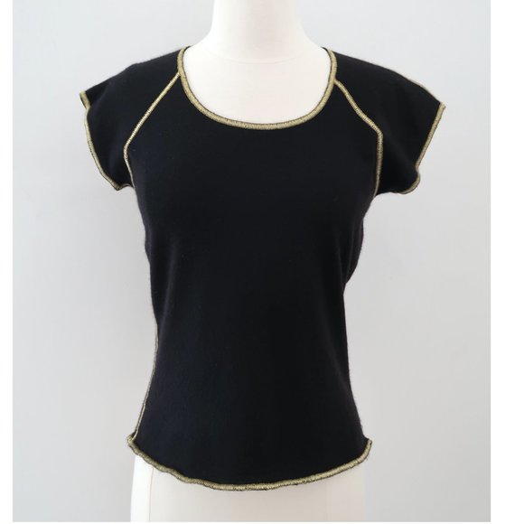 CELINE Black cashmere sweater w Gold metallic trim - Picture 1 of 4